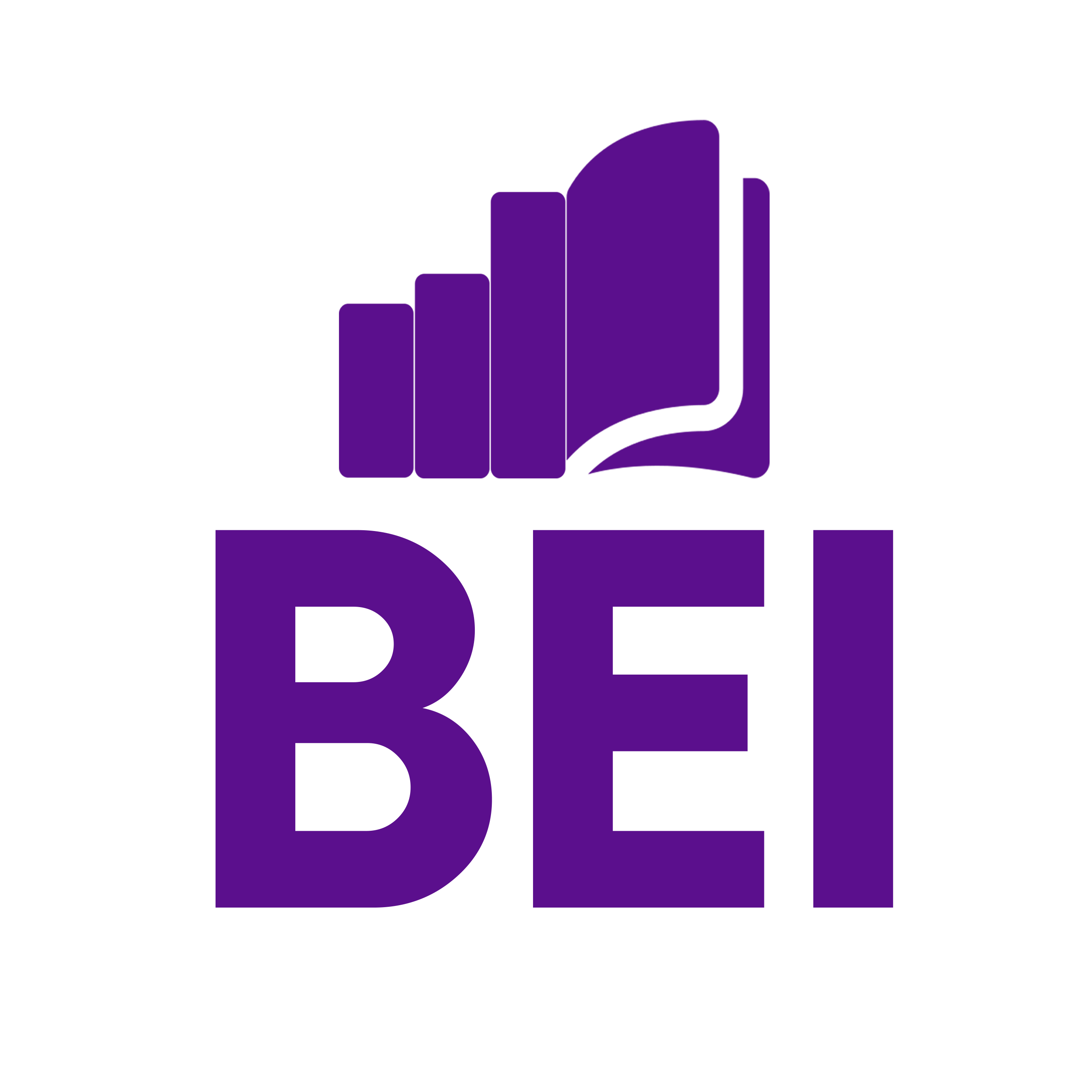 BEI Logo, a bar graph trending upwards into a book, as learning generates progression